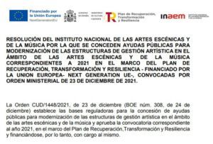 Extracto de la resolución de las Ayudas a la Modernización de Estructuras de Gestión Artística de las Artes Escénicas y de la Música del INAEM